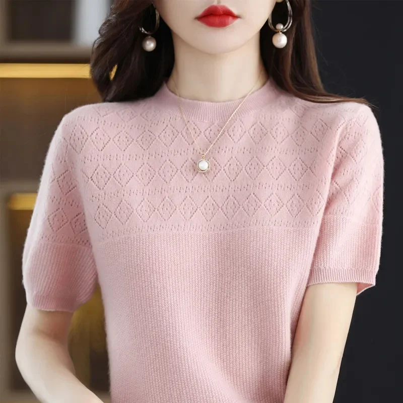 HOT 2024 Women Sweater Short Sleeve O-neck Stripe Knitwears Slim Fit Shirt Korean Fashion Pullovers Knit Tops Bottoming Shirts