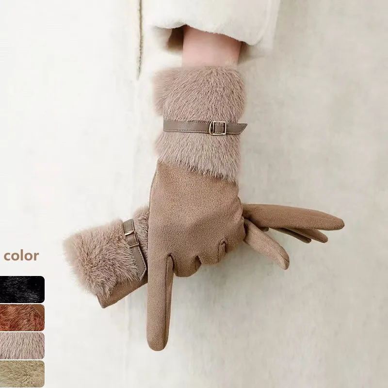 Soft and Sticky Suede Gloves for Women in Winter, Warm and Thick Imitation Mink Fur Splicing Belt Buckle, Touch Screen Gloves