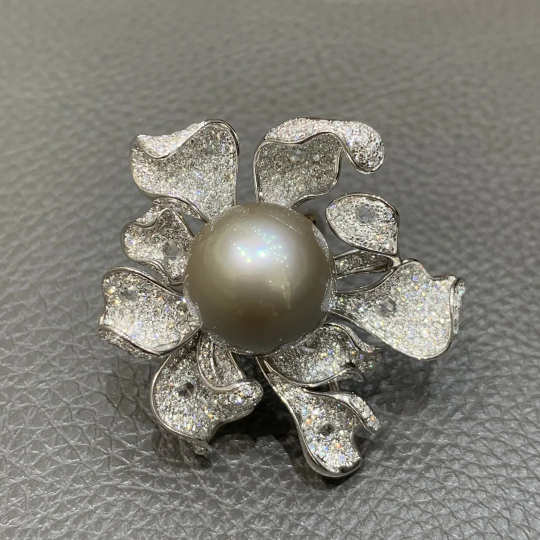 genuine luxury jewelry natural tahiti pearl ring 18K white gold with diamond flower large pearl double use pendant cocktail ring