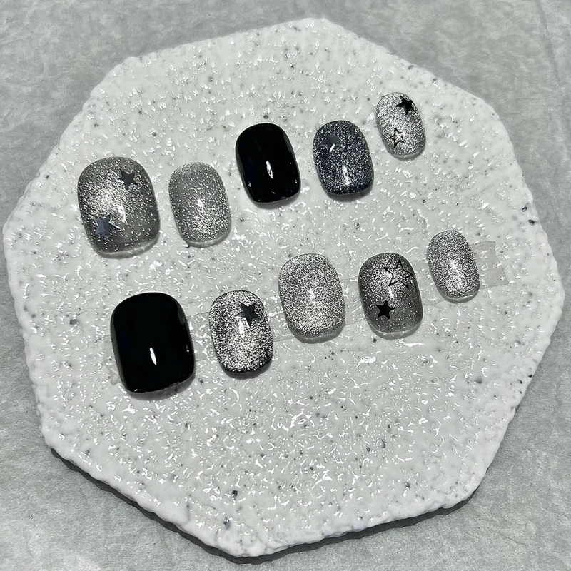 

10 шт черные милые красивые накладные ногти ручной работы серебряные кошачий глаз звезды ослепительные привлекательные съемные накладные накладные ногти