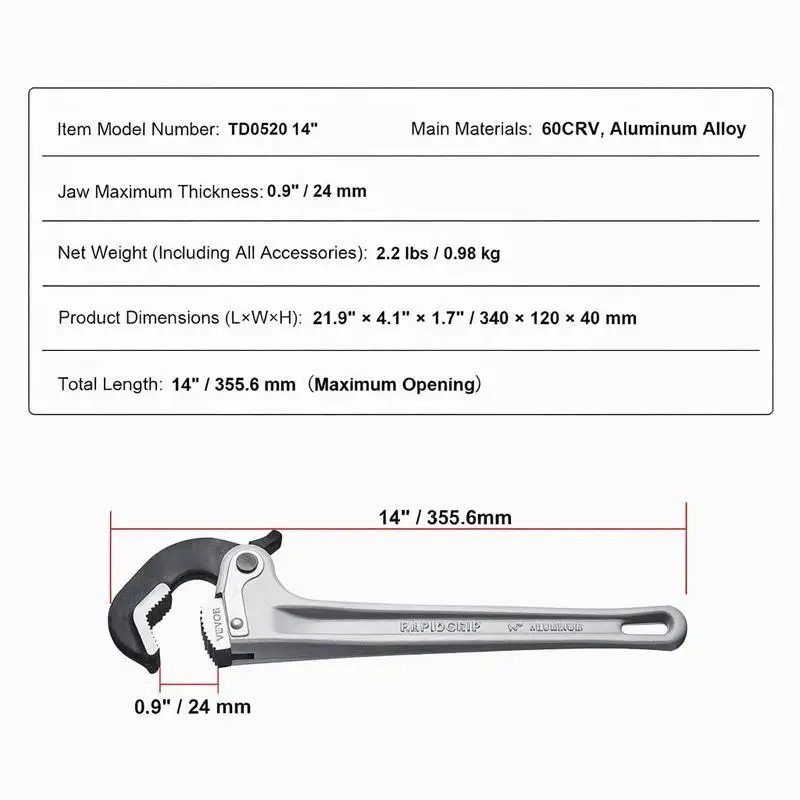 Plumbing Gripper 14-Inch For Water Pipes Automotive Repairs Home Maintenance, Automatic Jaw Adjustment Adjustable Lever Ergonomic Handle Hangable Design Aluminum Alloy Body view 2