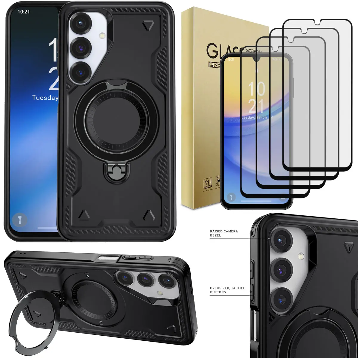 

Black For Samsung Galaxy A15 4G A15 5G Case Shockproof Kickstand Cover And 4pcs Full Coverage Tempered Glass Screen Protectors