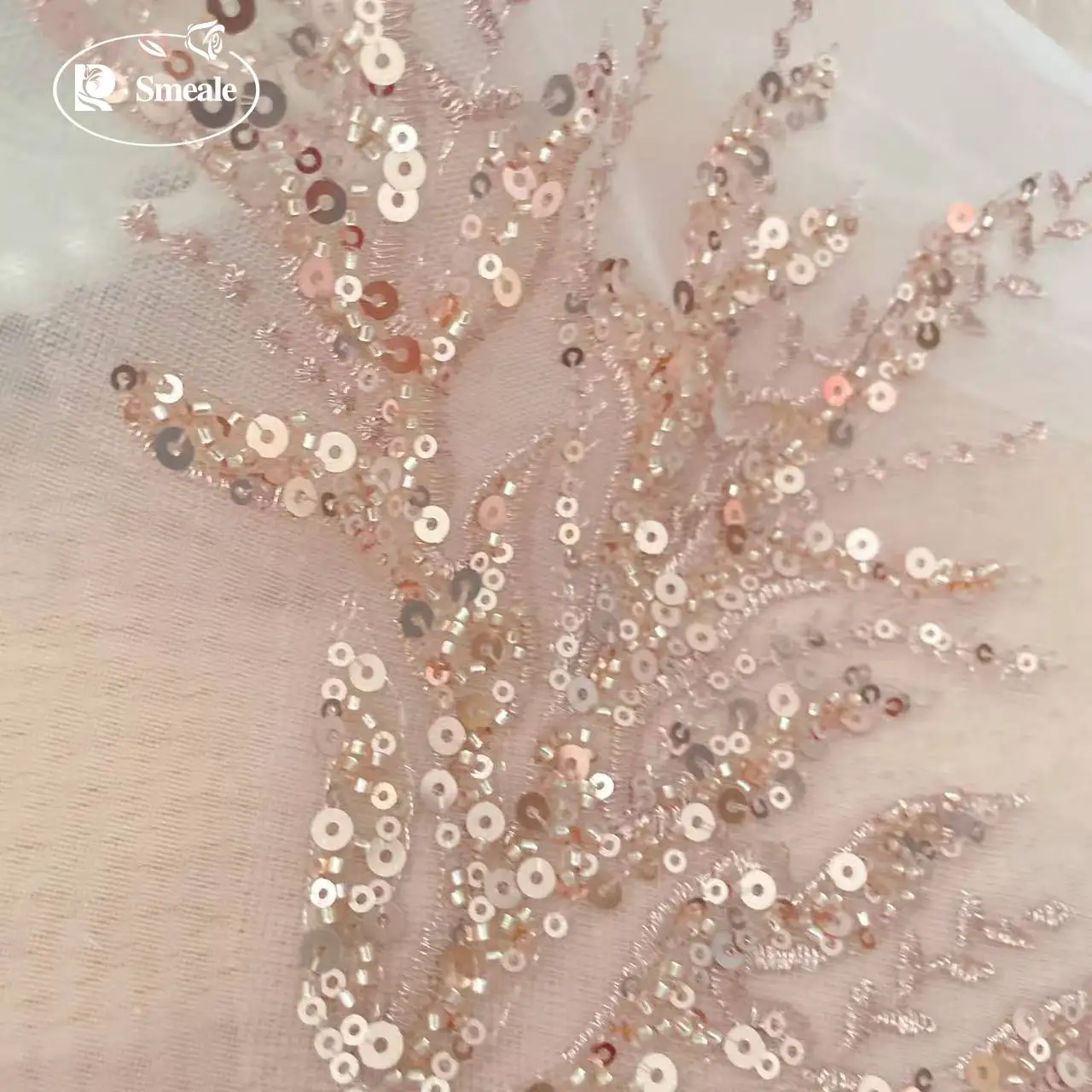 5 Paar-2 Paar. Roségold Pailletten-Röhrchenperlen-Stickerei-Spitzenapplikation, wunderschönes Korallenmuster DIY-Spitzenaufnäher, verspiegelte Blumen, RS252202 – Detail 4