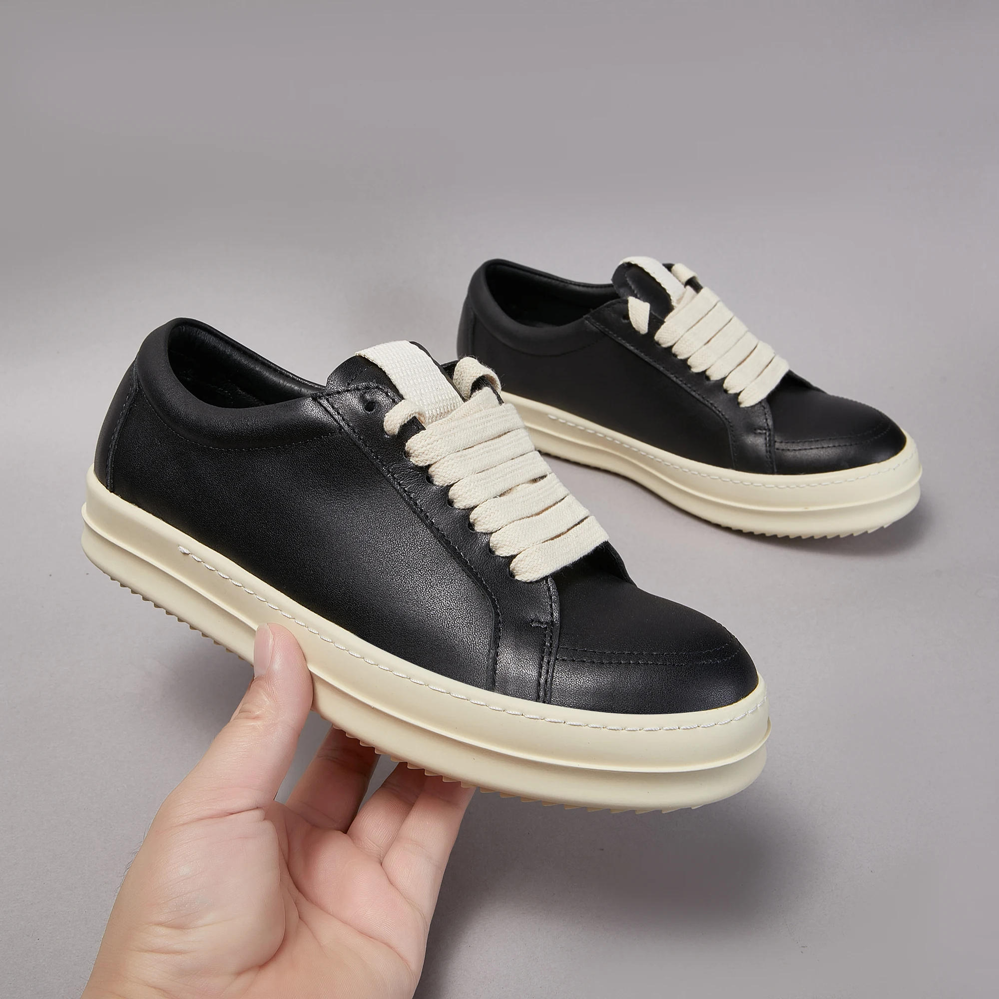 Brand Casual Men Shoe Low Top Women Sneaker Quality Black Leather Designer Flat Ricks Luxury Lace Up Owens Platform Flat Shoe