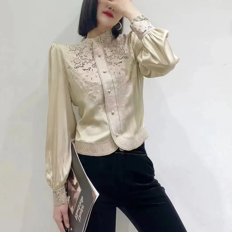 

Spring Autumn Solid Color Shirt Women Stand Collar Long Sleeve Button Cardigan Elegant Vintage Hollow All-match Patchwork Tops