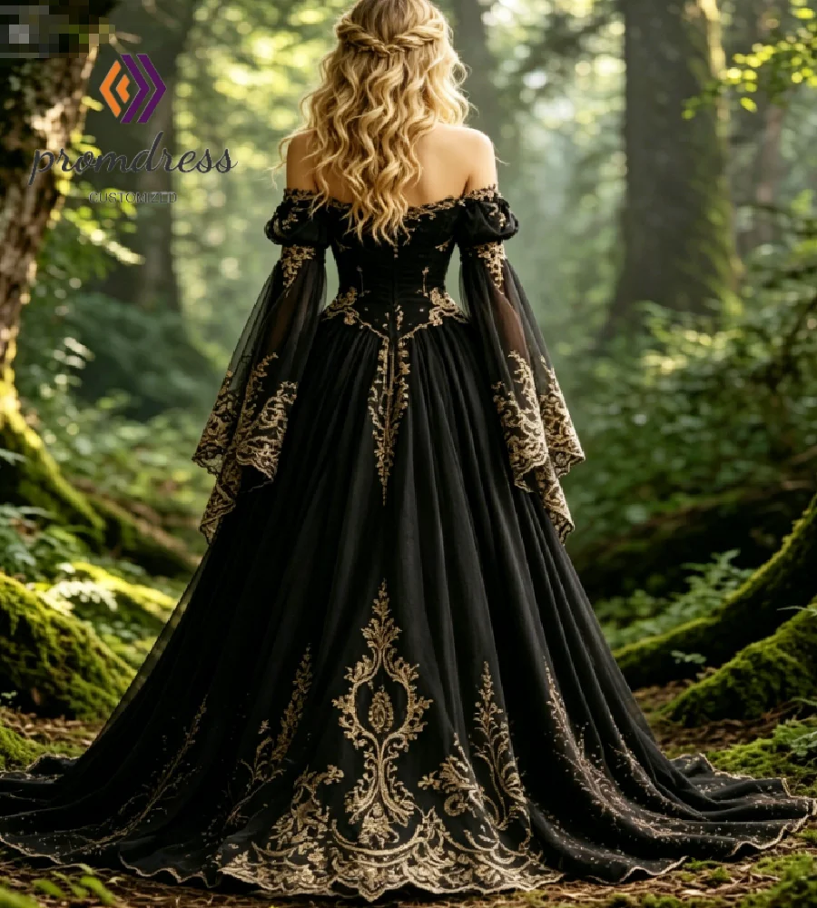 Dark Romantic Black Gold Gothic Wedding Dress 2026 Enchanted Forest Medieval Queen Bridal Gowns Lace Applique Bell Sleeve Party