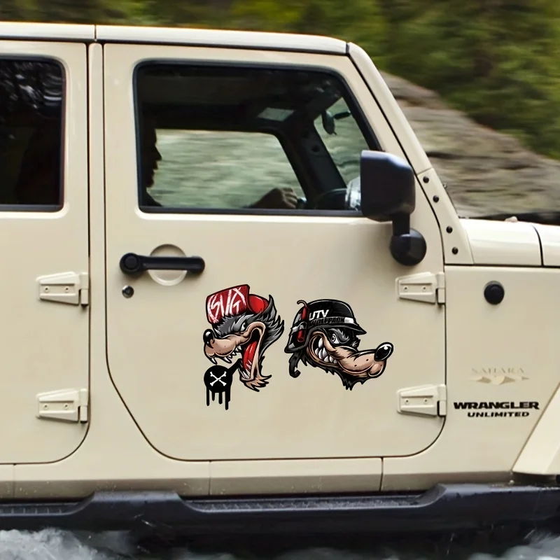 2pcs Cartoon Car Stickers Cool Wolf Head Expression for Auto Body Window Motorcycle Tank Vinyl Decals Notebooks Laptop Decor
