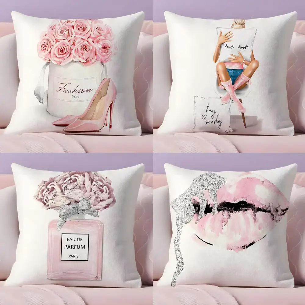 Elegant Perfume Bottle Pink Flowers Cushion Cover Plush Fabric Soft Double-Sided Printed Sofa Warm Winter Home Gift Pillow Cover