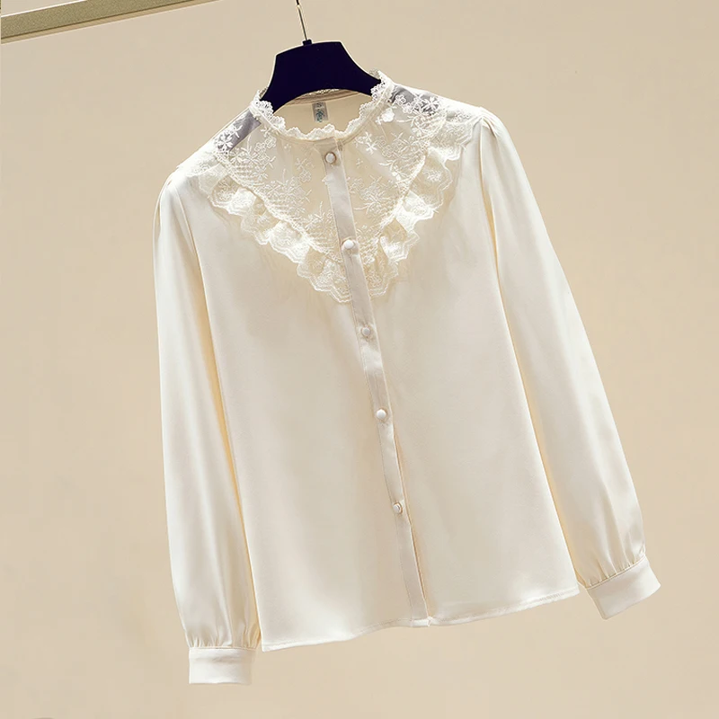 

Autumn Korean Fashion Elegant Lace Blouse 2023 Stand Collar Chiffon Shirt Women Blusas Loose Casual Long Sleeve Ladies Top 28549