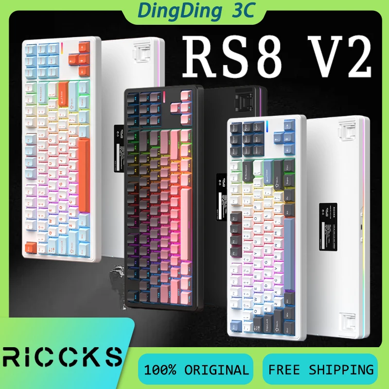 

Беспроводная механическая клавиатура Riccks RS8 V2, 3 режима, прокладка для горячей замены, низкий уровень шума, длительный срок службы батареи, двойной привод, пользовательская игровая клавиатура