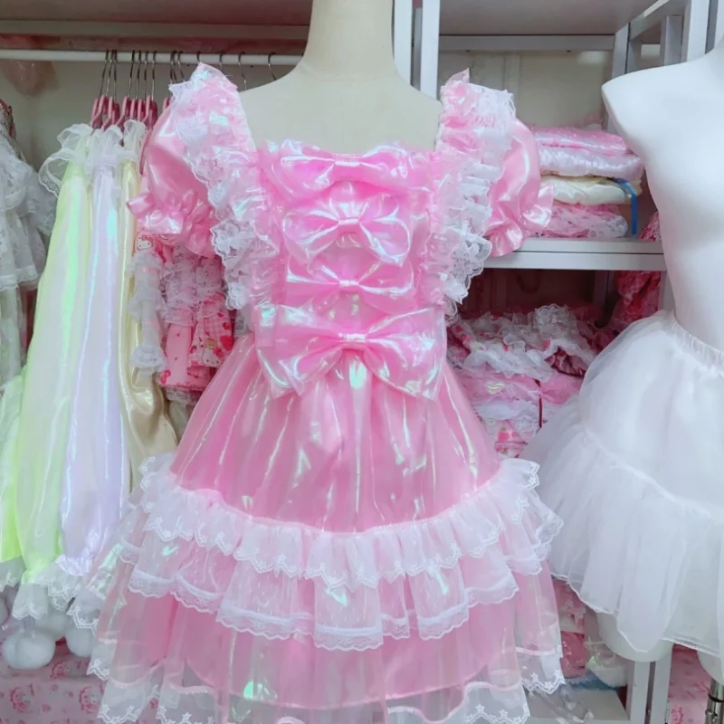 Sexy Girl Pink Holographic Bubble Sleeves Sissy Dress Maid CD Cosplay ABDL Bowknot Lace Glossy Ruffle Sweet Princess Puffy Dress