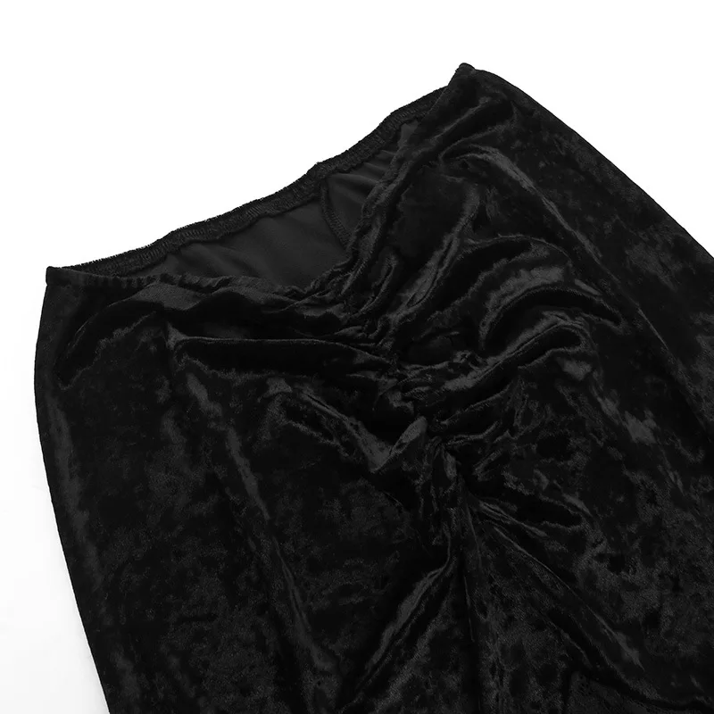 Goth Dark Ruched Vintage Gothic Aesthetic Velvet Skirts Grunge Mesh Splice Sexy Mermaid Skirt Women High Waist Elegant Partywear