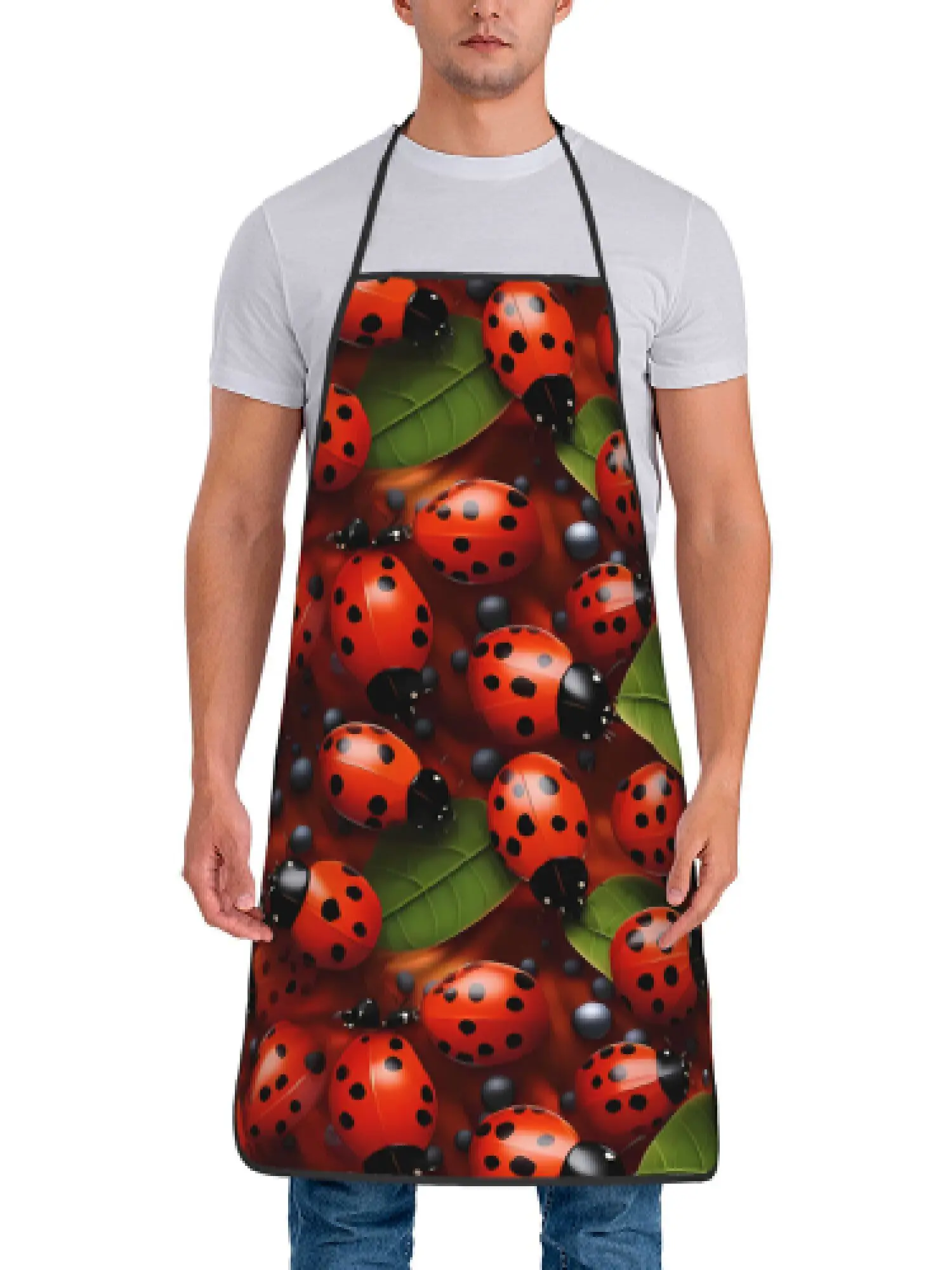Vintage Seven-Star Ladybug Printed Apron for Men and Women Vibrant Red Beetle Kitchen Cooking Apron