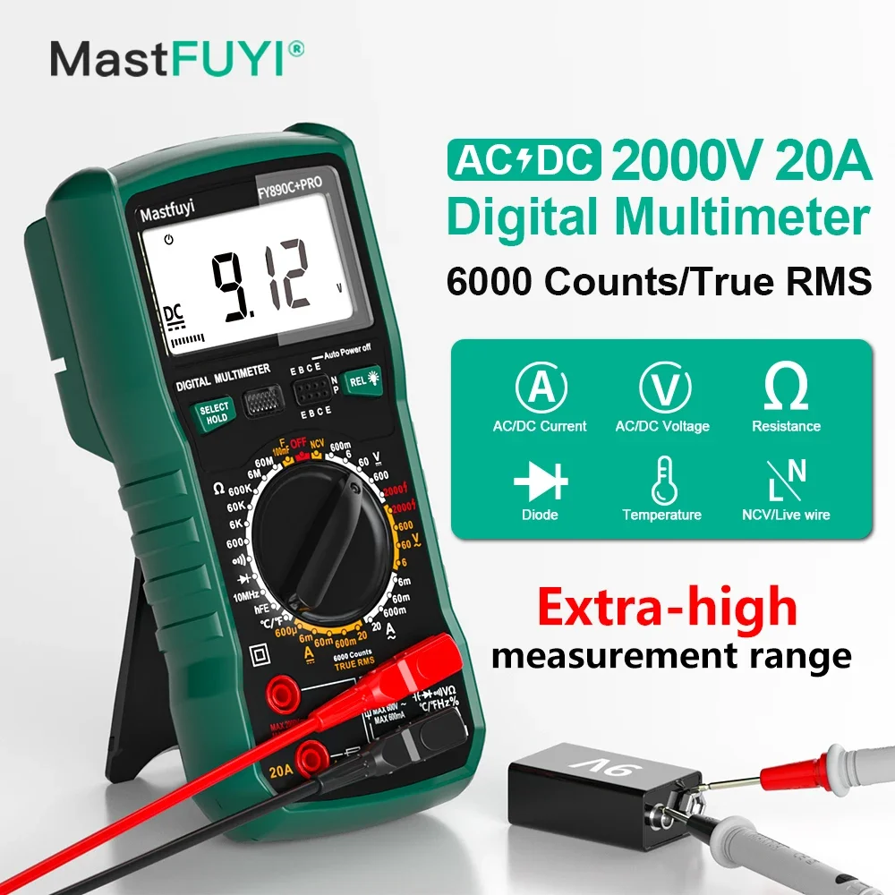 

MASTFUYI Wide Range Digital Multimeter 6000 Count AC/DC 2000V/20A True RMS Temperature Tester for Electrician Tools