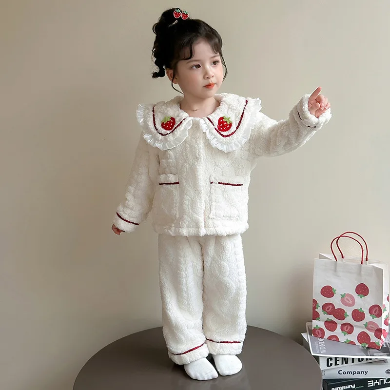 

Осенне-зимний пижамный комплект из кораллового флиса для девочек, домашняя одежда с героями мультфильмов, домашняя одежда с лацканами, теплая детская одежда, модный милый стильный пижамный комплект