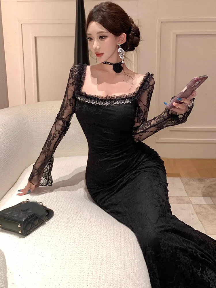 Abito da sera elegante per celebrità da donna Lady Sexy Sheer Lace Diamond Flower Fishtail Robe Femme Backless Party Banquet Vestidos