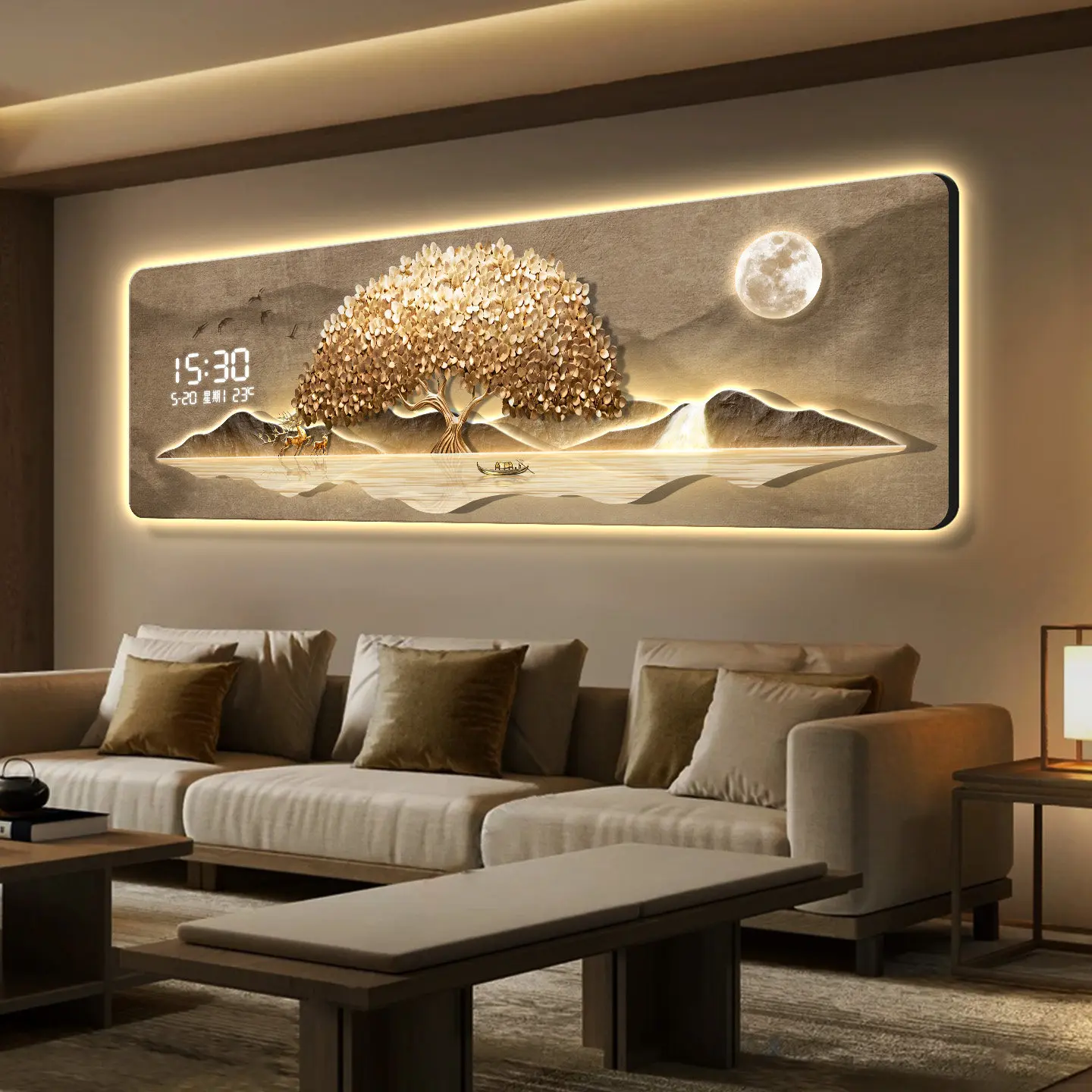 Modern Luxury Wealth Tree Living Room Decoration Painting Led Electronic Clock Sofa Background Wall Painting Horizontal Version