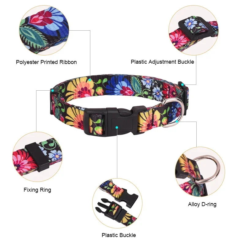 Retro Printed Dog Collar Adjustable Floral Pattern Necklace with Quick Release Buckle for Small Medium Large Dog Walking Running