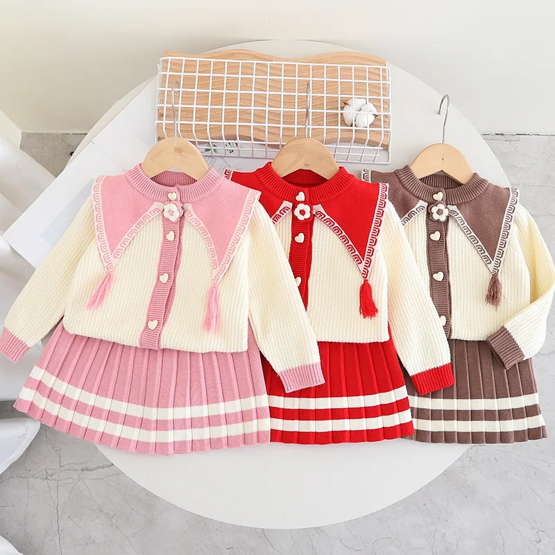 

Girls Clothes Sets Spring Autumn Children Knitted Sweaters Coats Skirts 2pcs Party Suit For Baby Costume Kids Birthday Outfits