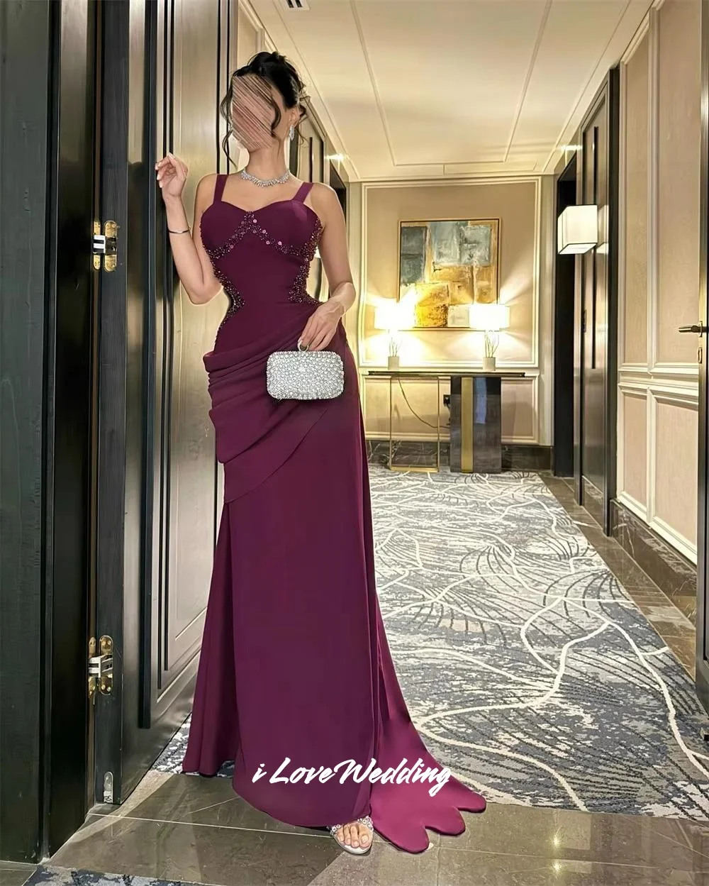 

Purple Sweetheart Beaded Sequin Mermaid Spaghetti-Strap Sleeveless Satin Evening Dress Floor-Length Sweep Train Pleated Customiz