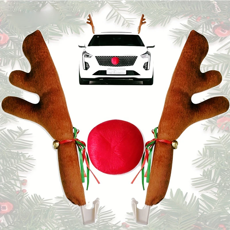 

2Pcs Car Reindeer Antler And Nose Window Roof And Grille Rudolph Reindeer Tinkling Christmas Clothing Car Accessories Decor Kit