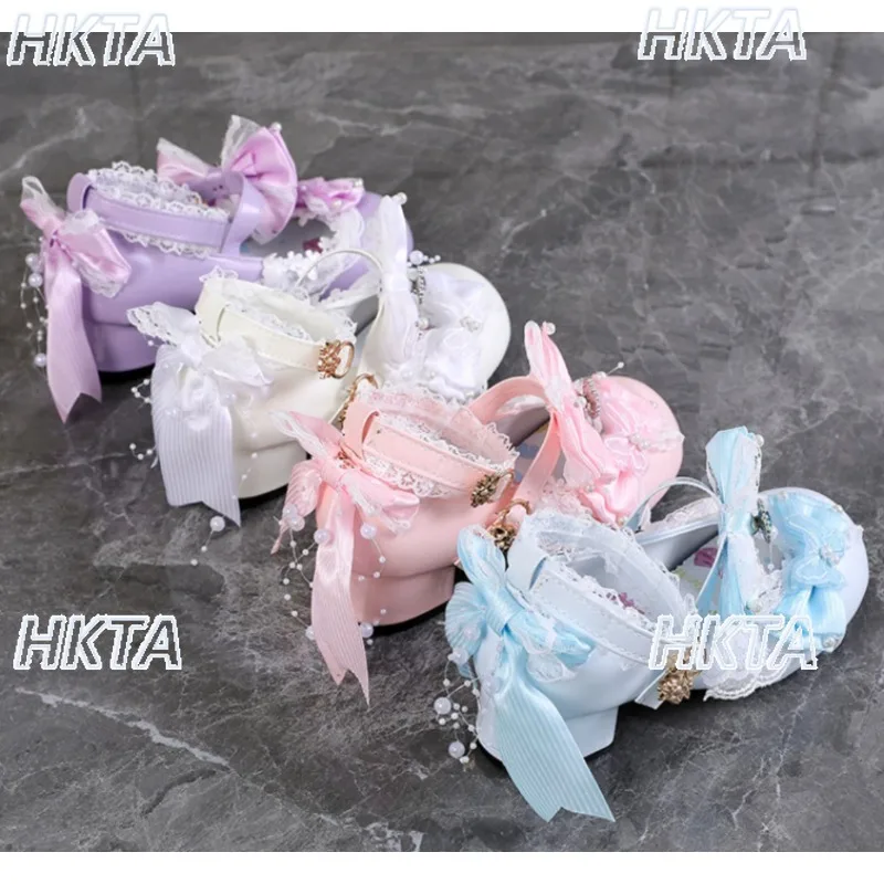 Japanese Elegant Lolita Mid Heel Pumps Pearl Lace Bow Rhinestone Summer Fashion Sweet Lolita Shoes Cute Kawaii White Shoes Women