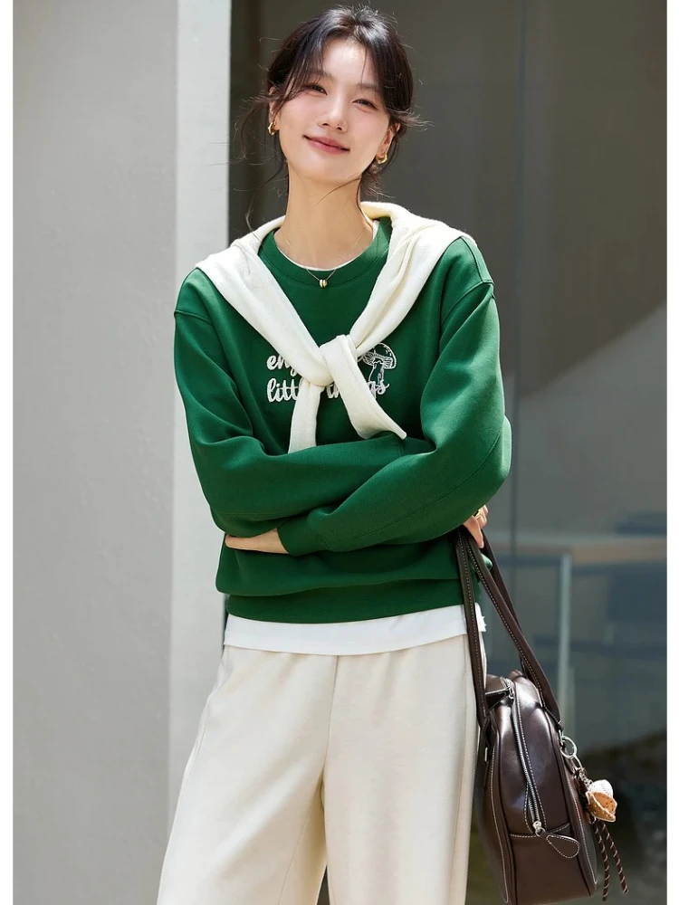 VIMLY Sweatshirts Women Fashion Autumn 2025 Casual Round Neck Loose Sweatshirt Letter Embroider Long Sleeve Knitted Tops A2106