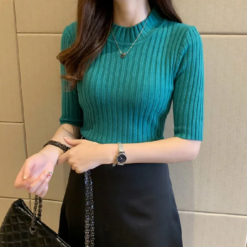 

Women Casual Knitted Sweater Summer Knitted Pullover Half Sleeve 2025 Basic Solid Shirts Female Korean Tops Elegant Blusa 13466