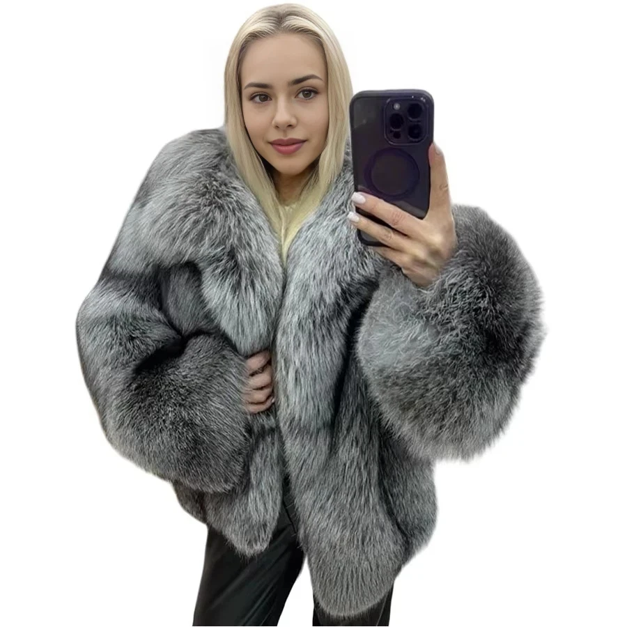 

New Fox Fur Coat With Turndown Collar Real Fox Fur Jacket For Woman Winter Luxury Silver Fox Fur Jackets