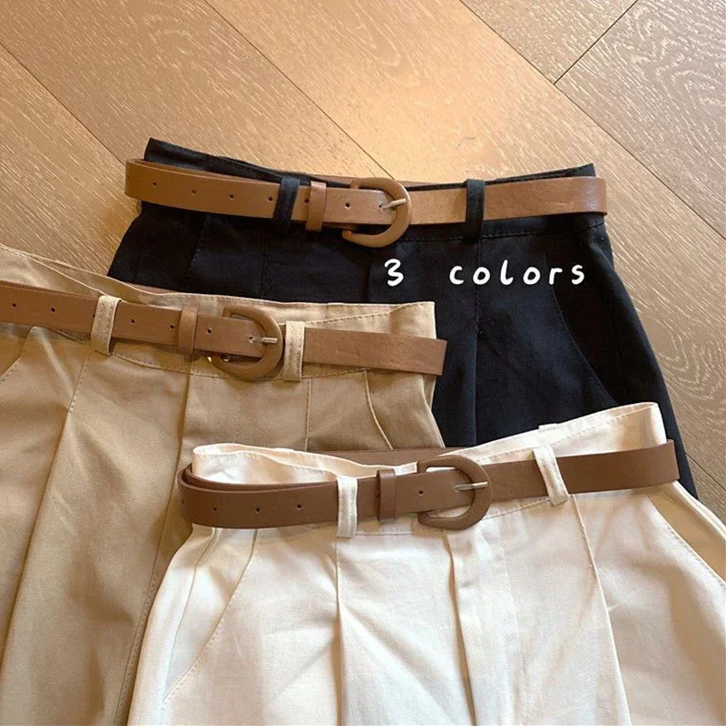 Women\' Summer Casual Shorts 2024 New Streetwear with Belt Cotton Wide Leg Shorts Female High Waist Straight Knee Length Pants