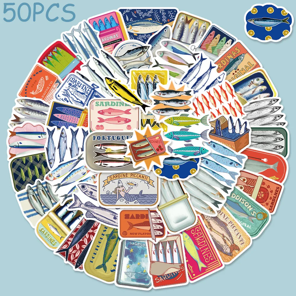 

50pcs Cartoon Sardine Stickers Decals For Phone Laptop Suitcase Skateboard Helmet DIY Graffiti Waterproof Stickers Kids Gifs