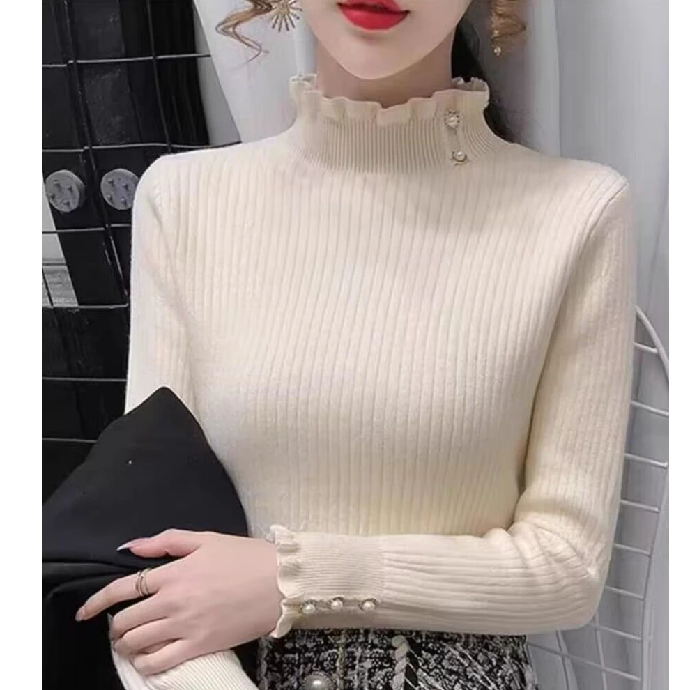 Women's Knitted Ear Mushroom Top Non-Ball Winter Autumn High-End Guangzhou Thirteenth Factory Knitwear Commute Style Long Sleeve