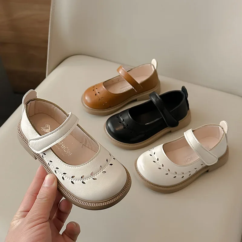 2025 Fashion Girls Leather Shoes Hollow-out Simple Children Fashion Princess Shoes Versatile Non-slip Kids Catwalk Causal Shoes