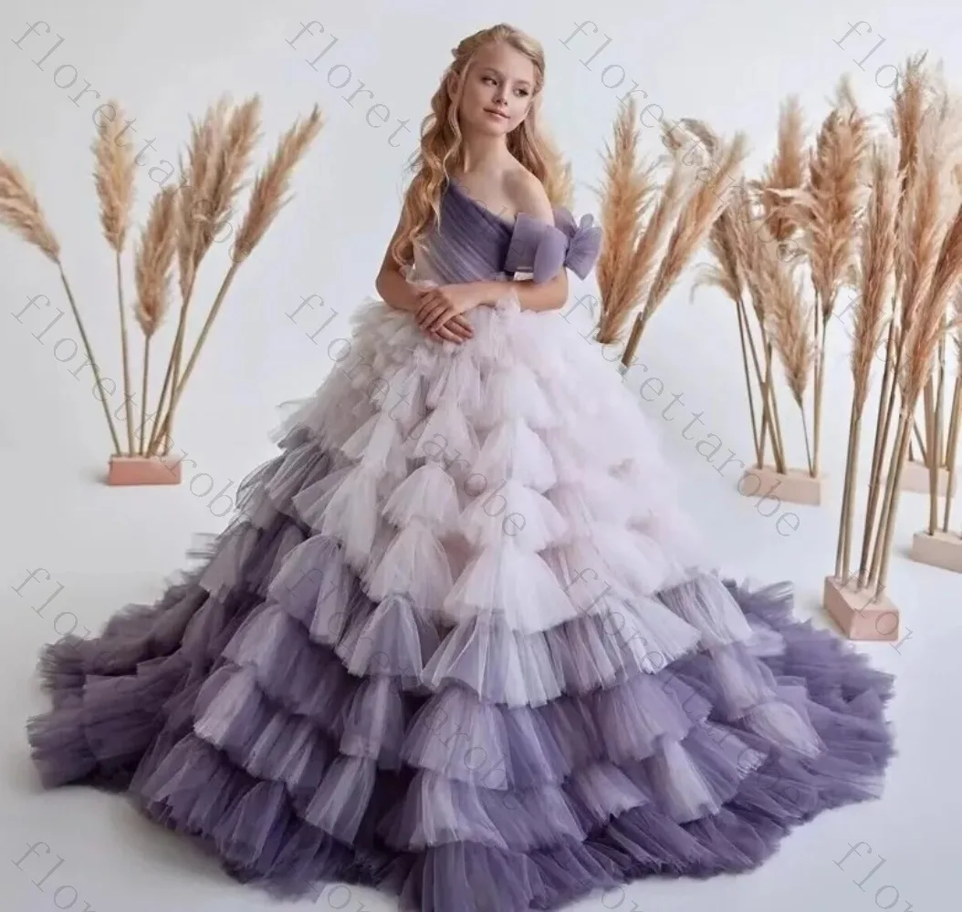 Customized Gradient Purple One Shoulder Kids Pageant Gown Side Big Bow Multi-Layer Petal Tulle Floor Length for Birthday Wedding