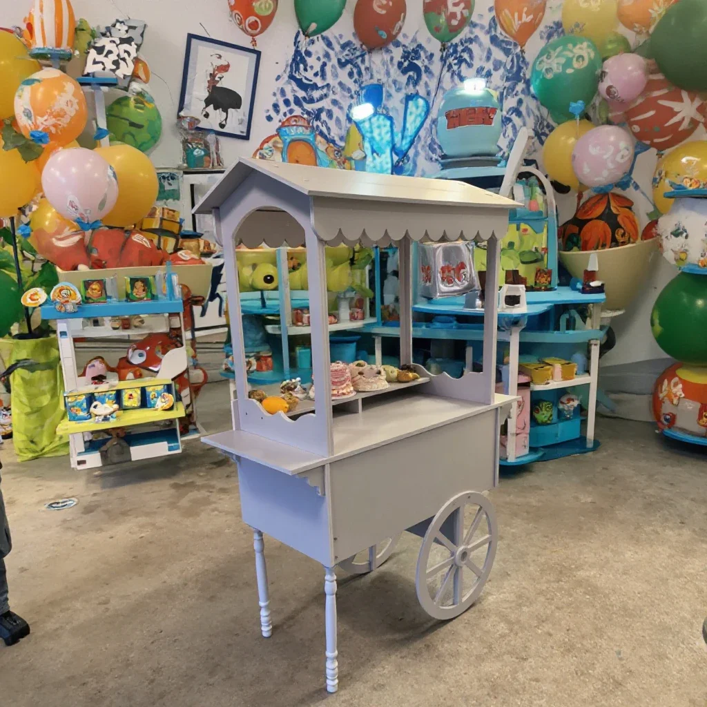 Customized Wood & PVC Candy Cart With Wheels for Wedding Wood Display Racks Sweet bar Cake Party Decoration