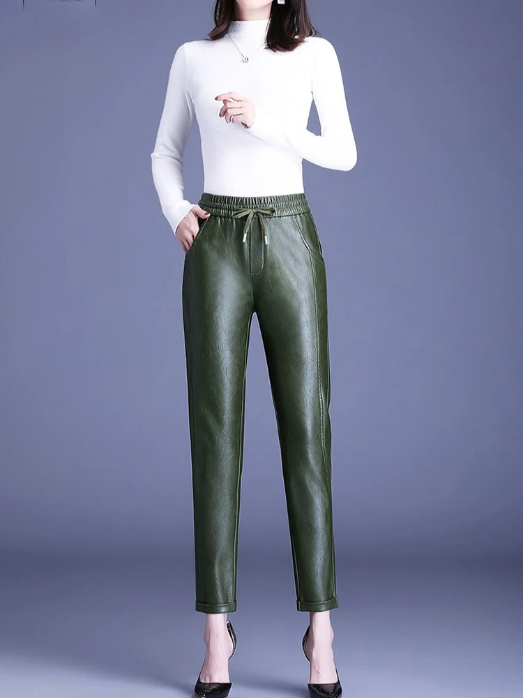 سراويل نسائية عالية الخصر بقصة ضيقة تسعة سراويل قصيرة للخريف والشتاء بحزام خصر مطاطي وجيوب برباط سراويلي حريمي #5