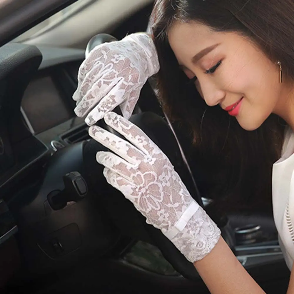 Wrist Sun-proof Fashion Bow Women Lace Summer Driving Party Thin Gloves Touch Screen Mittens Five Fingers Mitts Lace Mitten