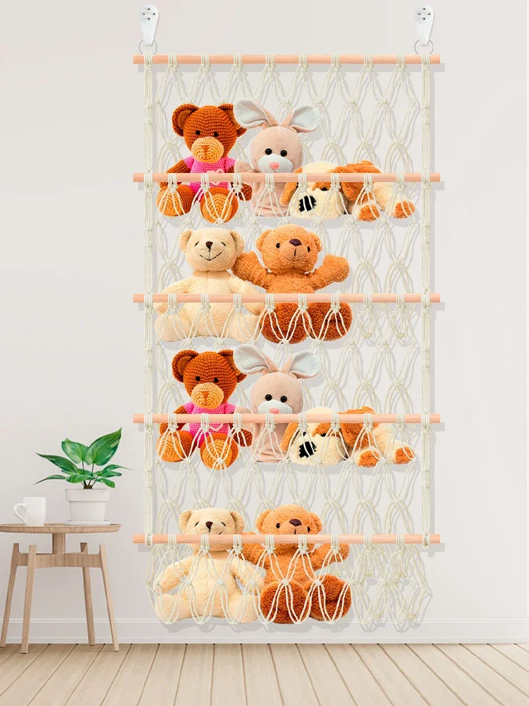 Stuffed Toy Storage Hammock 4-Layer Large Capacity Stuffed Storage Mesh Holder Hand-Woven Cotton Rope Hanging Organizer Washable