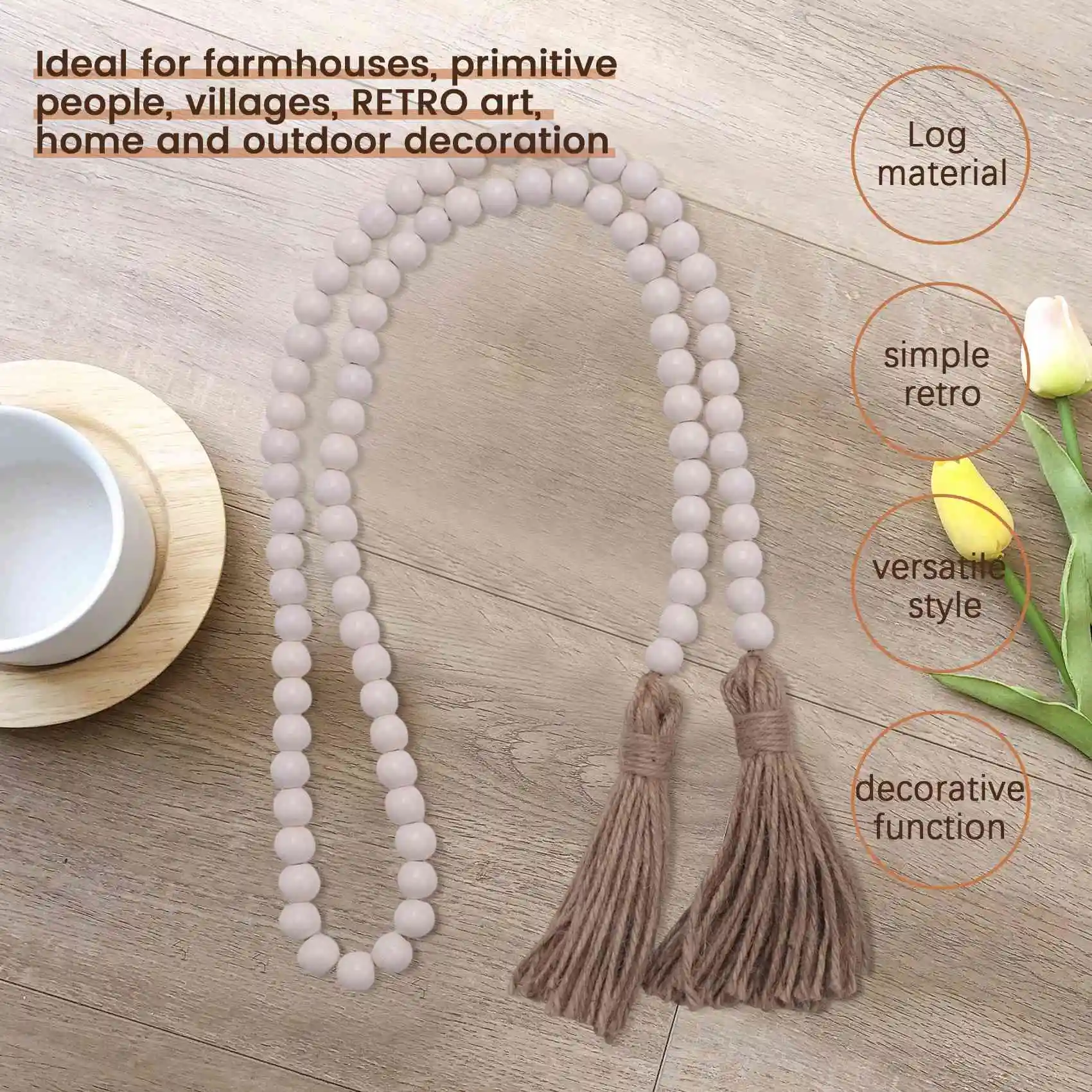 B84B Wood Bead Garland with Tassels, 52 Inch Farmhouse Rustic Boho Decor for Wall Hanging Plant Pot Candle Holder