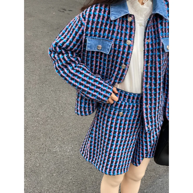 

2024 New Small Fragrant Wind Powder Blue Tweed Long-Sleeved Knitted Cardigan + Shorts Set Brand S High Quality Free Ship