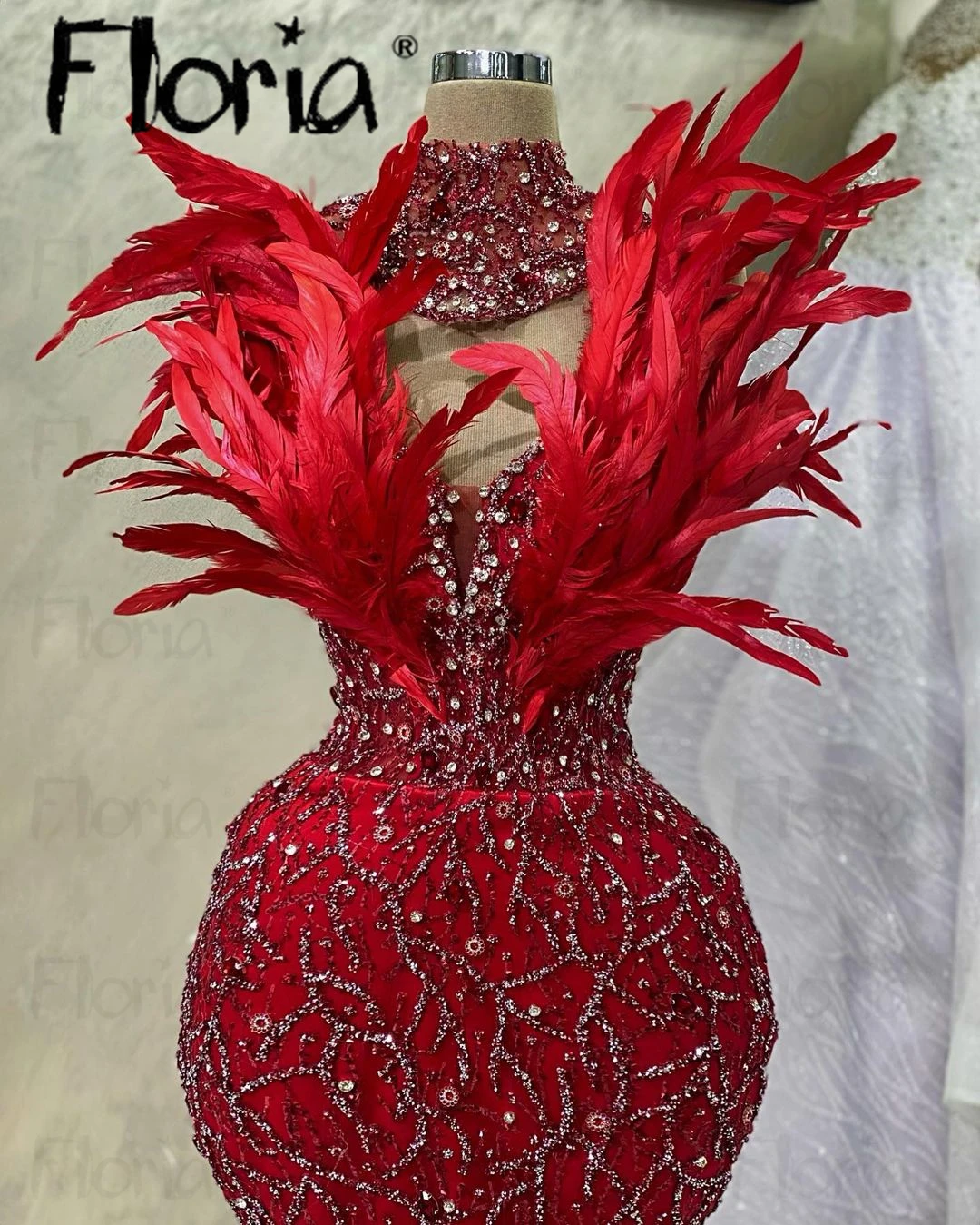 Red Feather Evening Dress Women\'s Engagement Party Dress Elegant Beaded Formal Occasion Dresses Wedding Ceremony Dress Custom