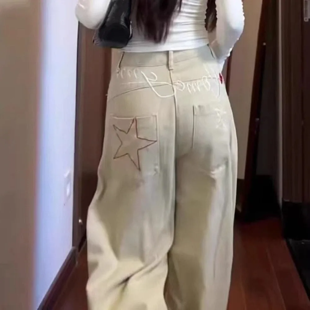 Ropa femenina, pantalones vaqueros de mezclilla de cintura alta, pantalones vaqueros holgados de estrella para mujer Y2k, pantalones vaqueros Retro de pierna ancha para mujer