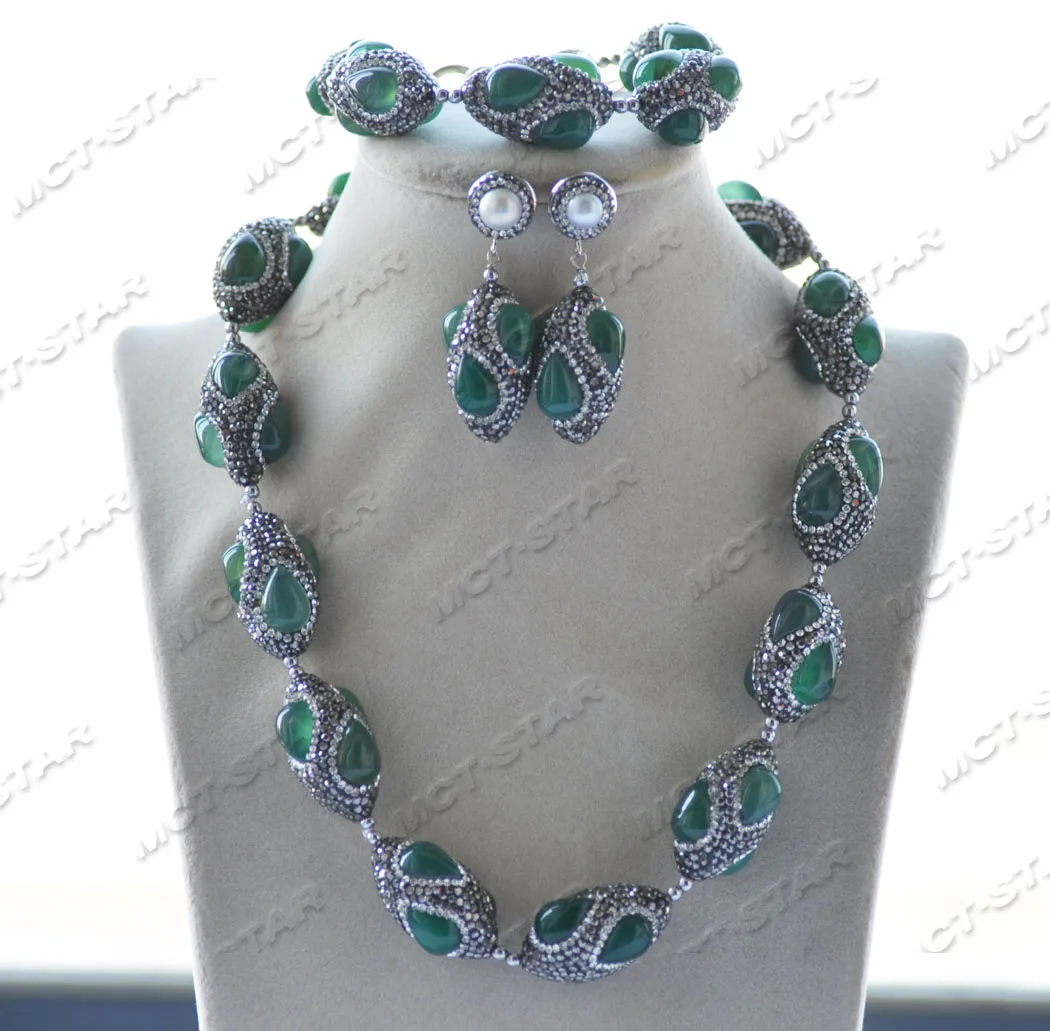 Z11883 30mm Green Agate Shuttle CZ Bead Necklace Bracelet Earring