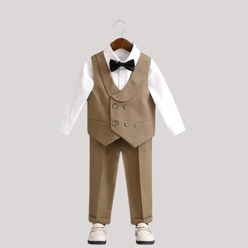Boys 4PCS Photograph Suit Set With Vest Shirt Pants Bowtie Newborn Baby Boys 1 Year Birthday Suit Kids Wedding Party Costume