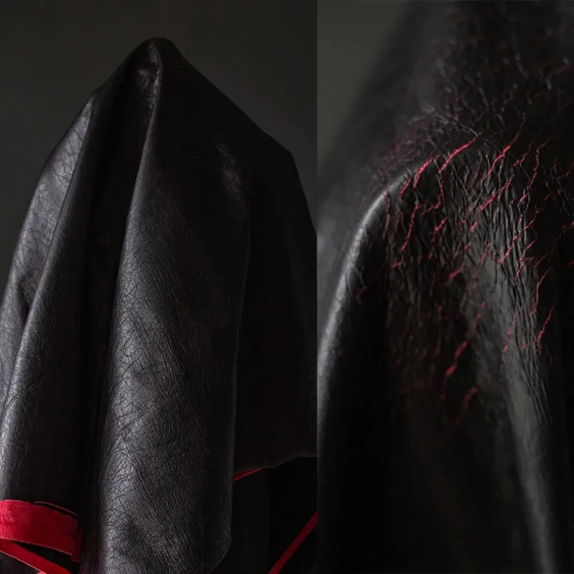 Black Cracked Leather with Red Base Wrinkled Texture Fabric for Structured Coat DIY Designer Material Avant Garde Fabric