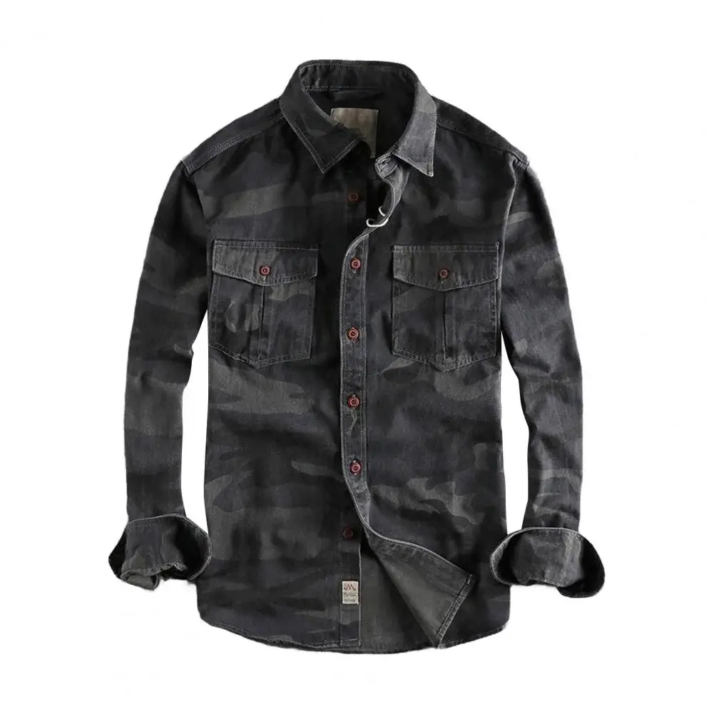 

Button-down Shirt Men's Camouflage Print Cargo Style Shirt with Wear-resistant Fabric Long Sleeves Chest Pockets for Spring