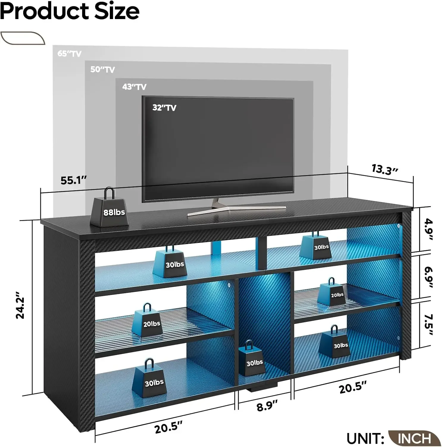 LED Tall Entertainment Center|55 inch TV Stand for 55/60/65 inch TV|Gaming TV Cabinet with Storage for PS5 Xbox