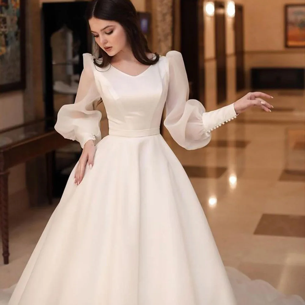 customized Sheer O Neck Wedding Dresses Puffy Long Sleeves With Buttons Bridal Gowns A Line Illusion Back Vestidos De Novia