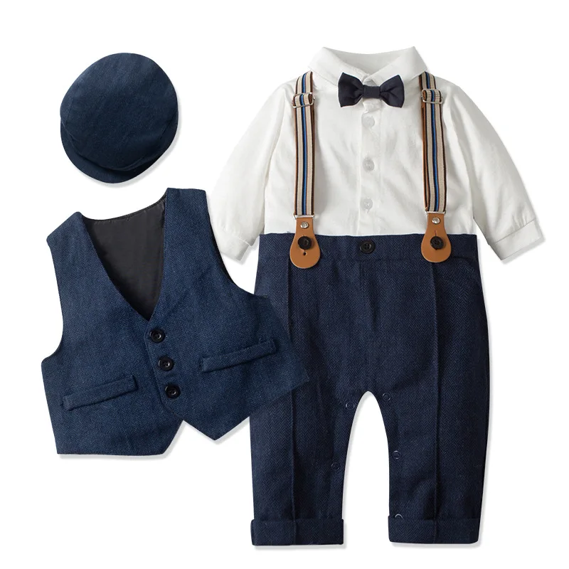 Tenues de gentleman pour bébés garçons, vêtements de printemps et d\'automne pour enfants, barboteuses une pièce, veste et chapeau imbibés