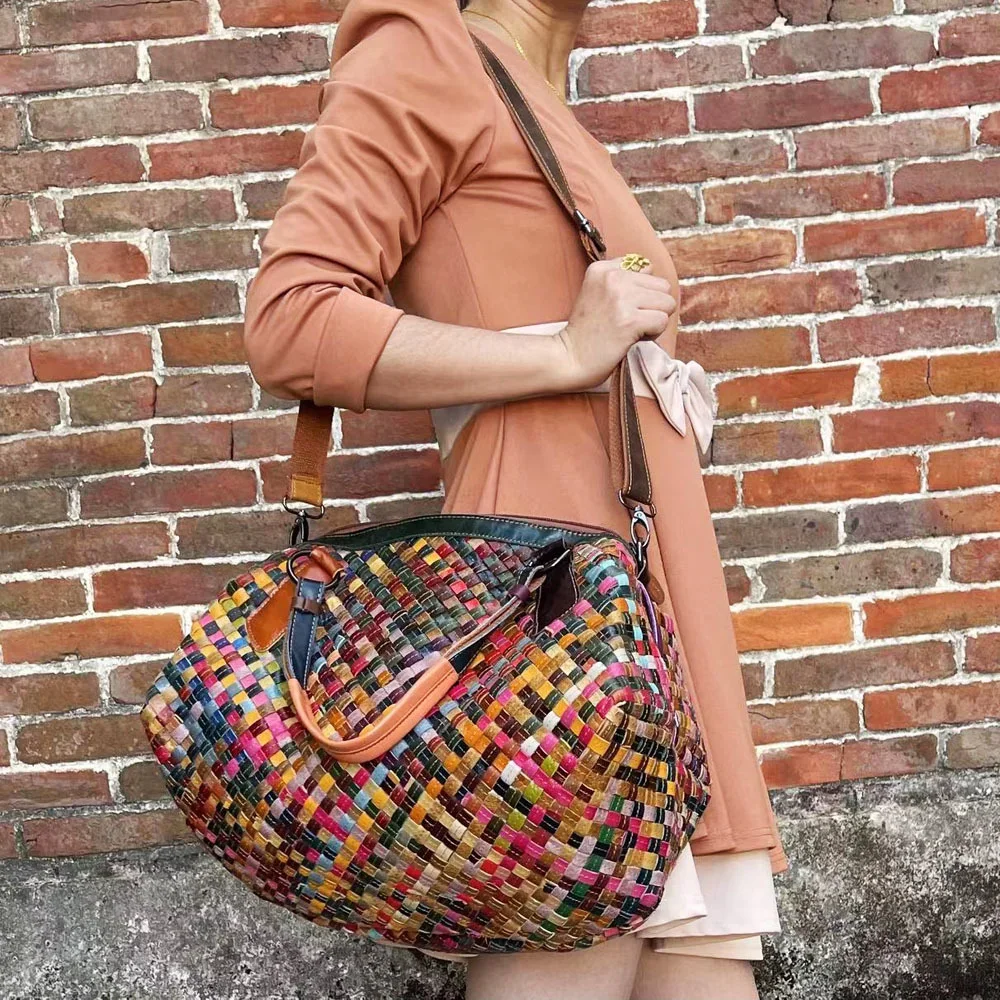 Splicing Contrast Color Women Handbag Head Layer Cowhide Shoulder Crossbody Bag Girl Travel Messenger Phone Colored Knit Storage